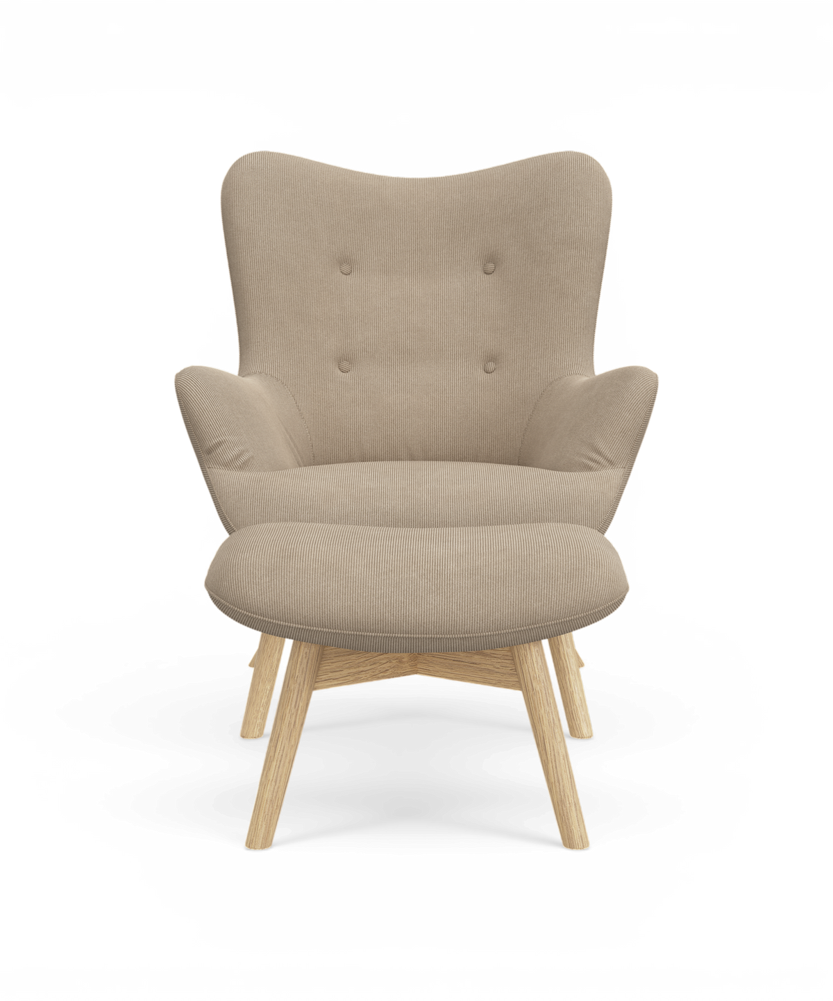 Beige loungestol med træben set forfra.