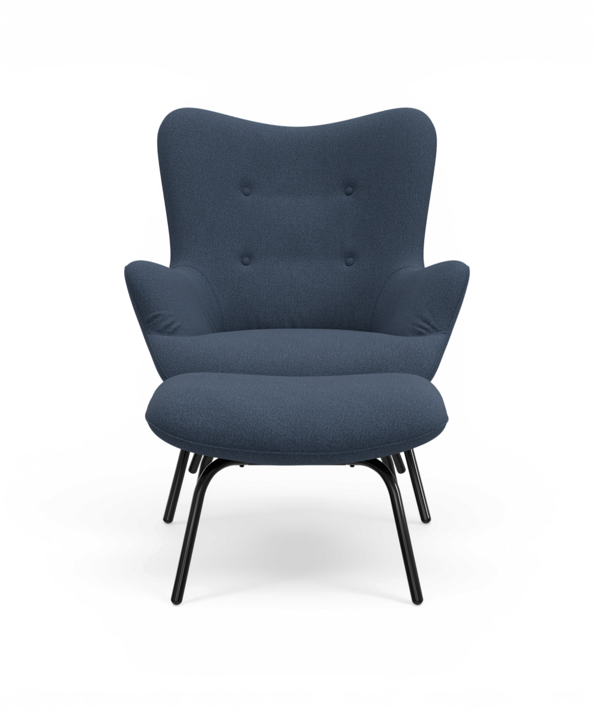 Blå loungestol i tekstil med knapper på ryglænet og sorte metalben, set direkte forfra.