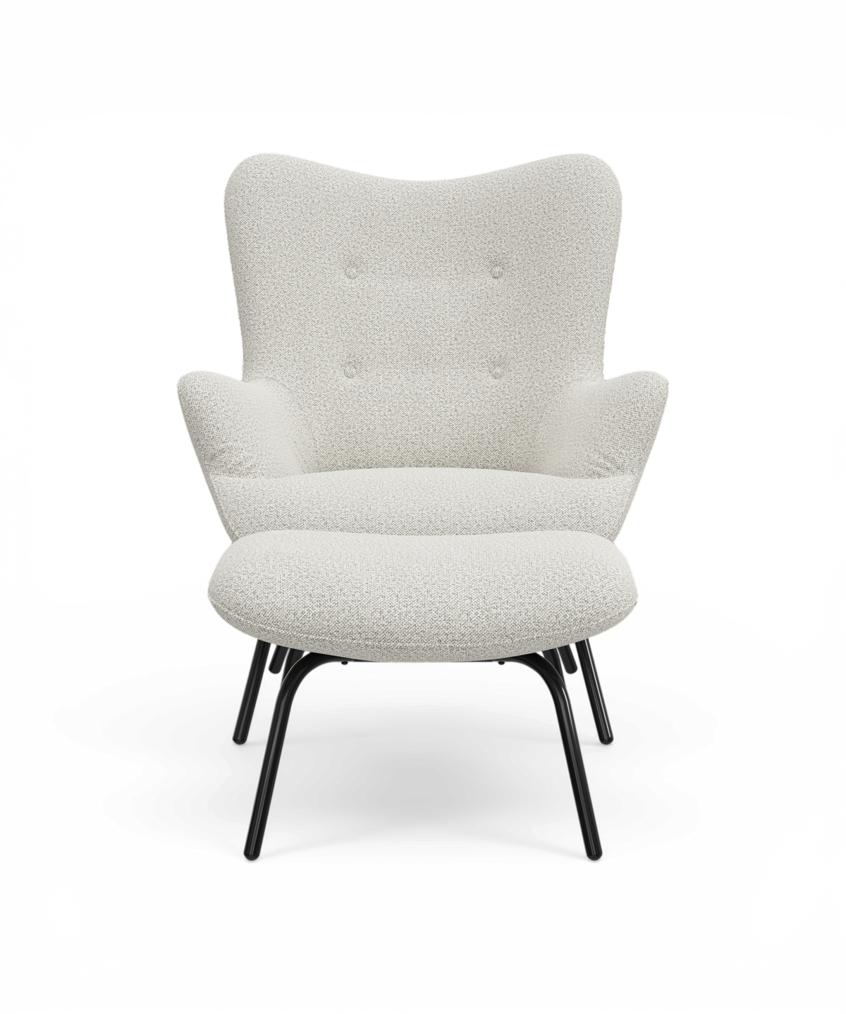 Hvid loungestol i bouclé med sorte metalben set forfra, frilagt på hvid baggrund.