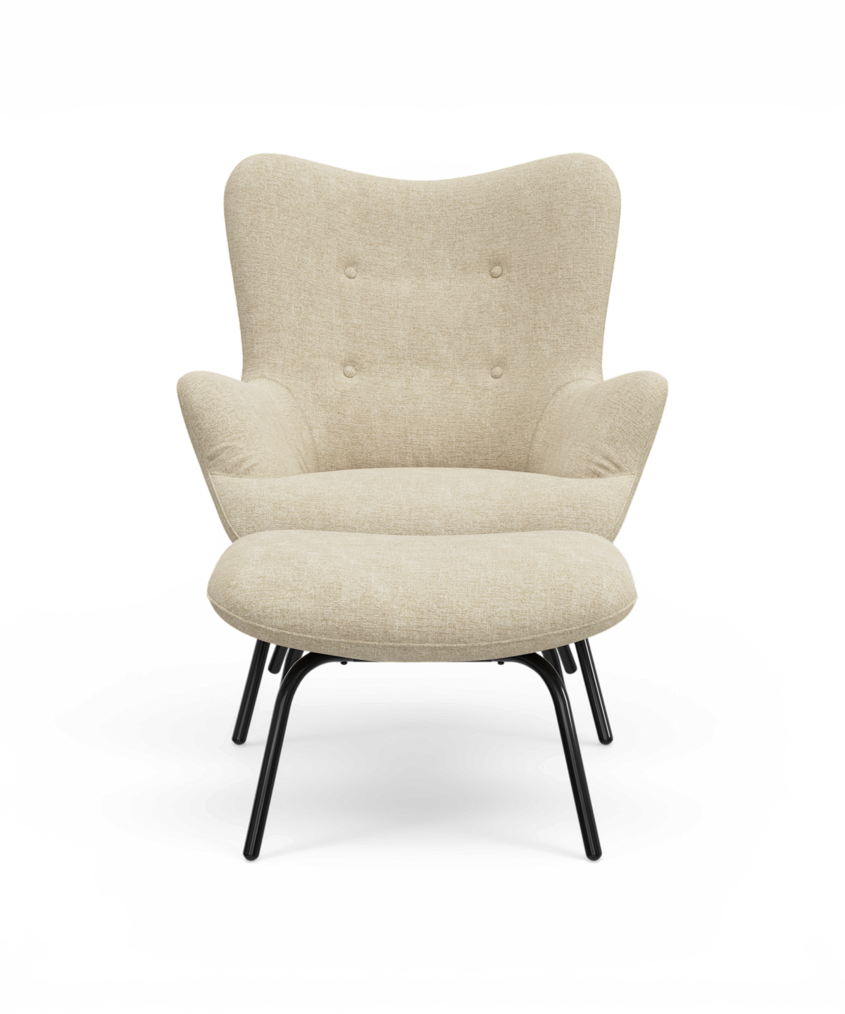 Beige loungestol med knapryg og sorte metalben set forfra.