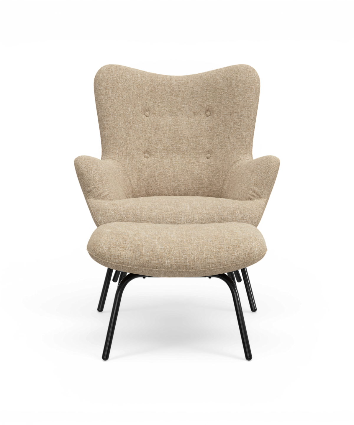 Beige loungestol med knappedetaljer og sorte ben, frontvisning.