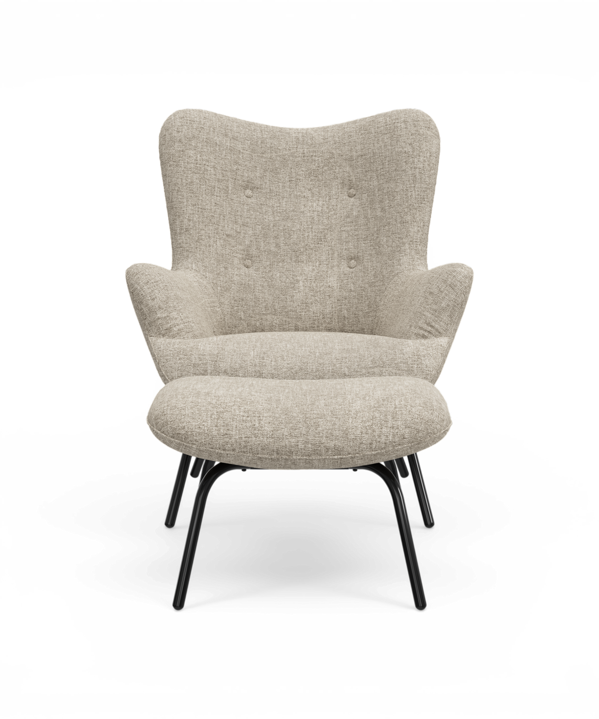 Beige lænestol med rund polstring og sorte metalben, frontvisning på hvid baggrund.