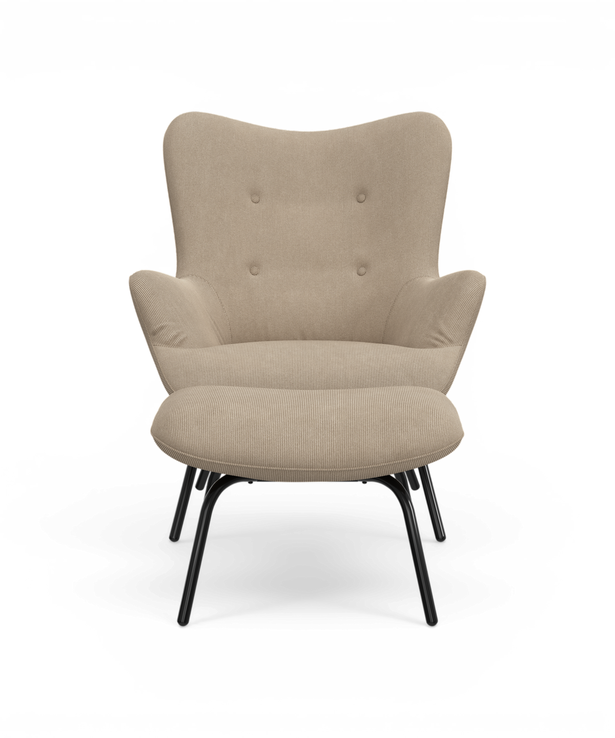 Beige loungestol med sorte metalben, frontvisning og fritlagt på hvid baggrund.