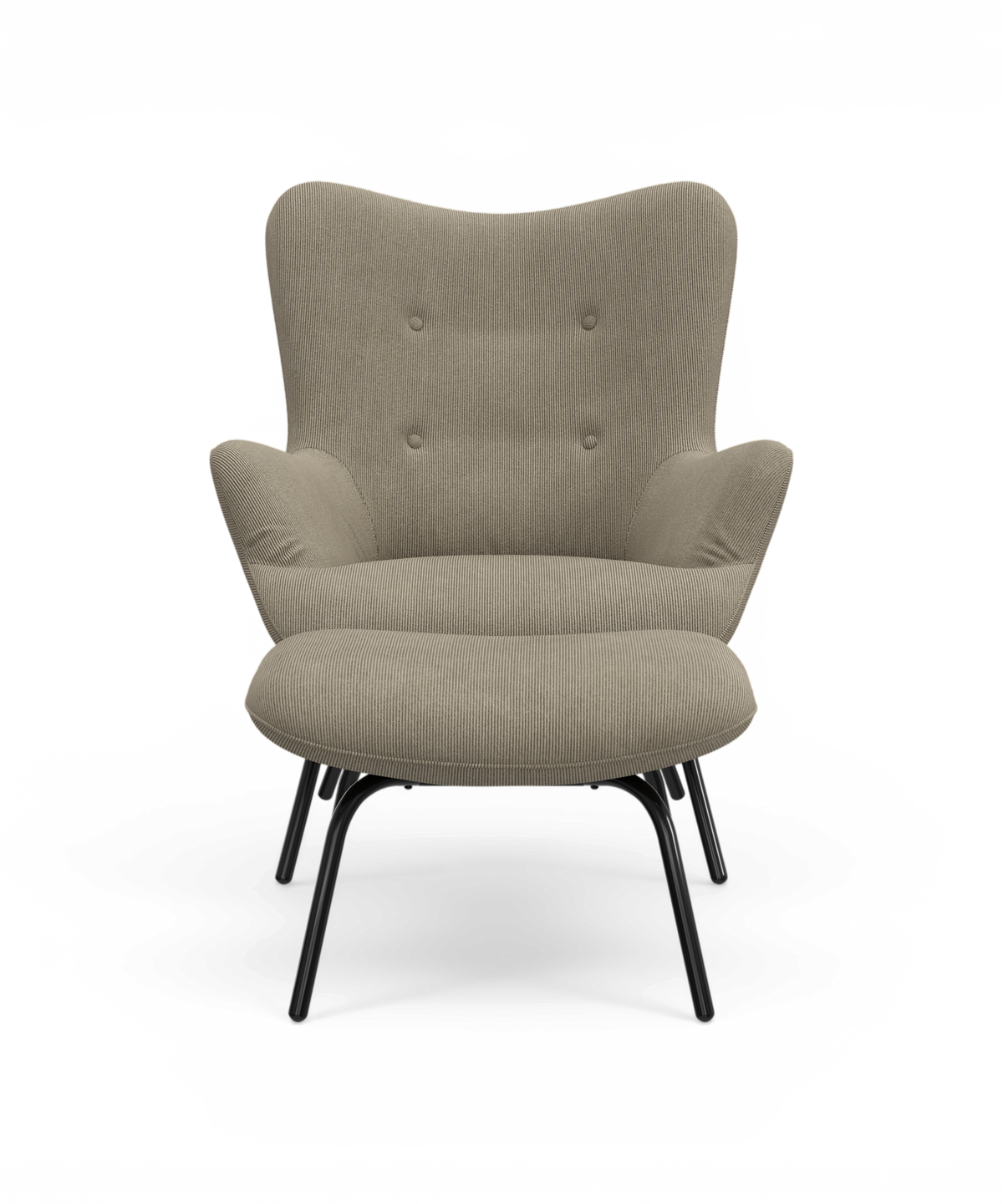 Beige lænestol i stof med sorte metalben, set forfra på hvid baggrund.