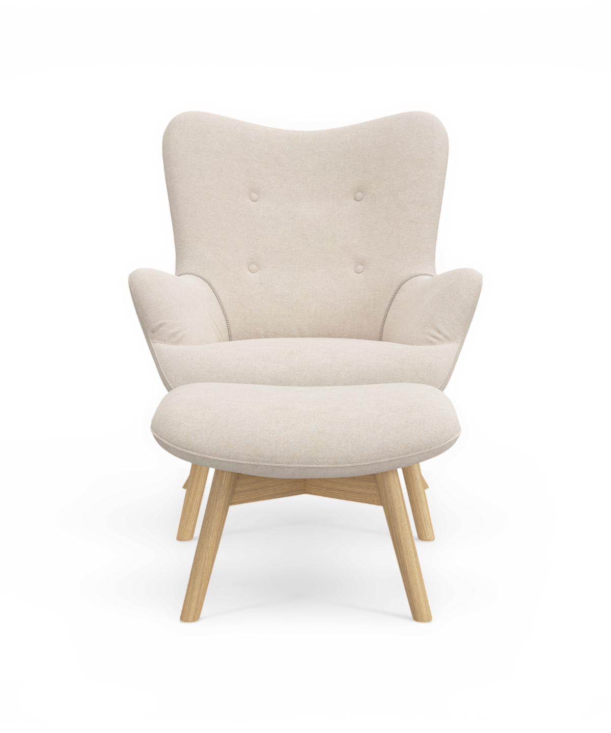 Beige lænestol i stof med knapper i ryglænet og ben i lyst træ, set forfra.