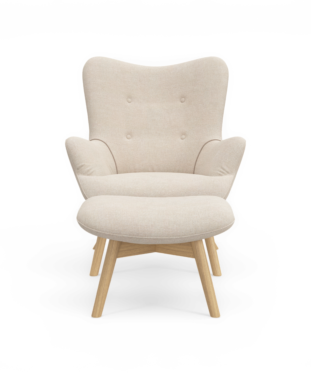 Beige lænestol med rund, knapdet ryglæn og lyse træben i skandinavisk stil.