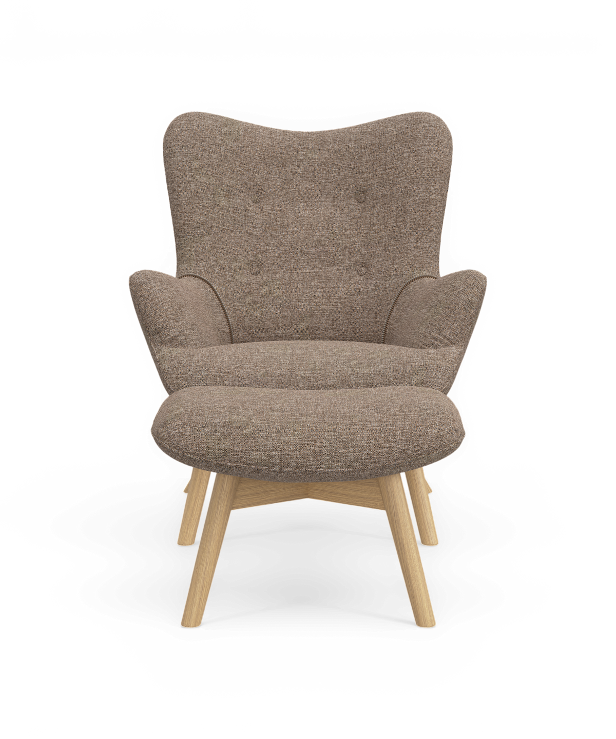 Brun lænestol i stof med træben i frontvisning, skandinavisk design.
