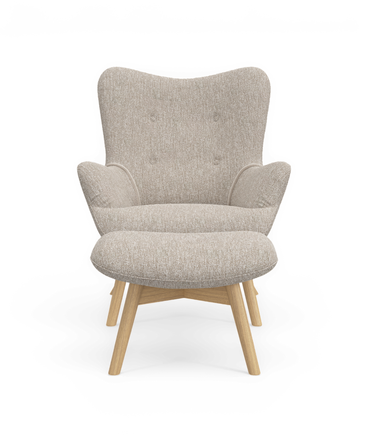 Beige lænestol i stof med træben, set forfra.