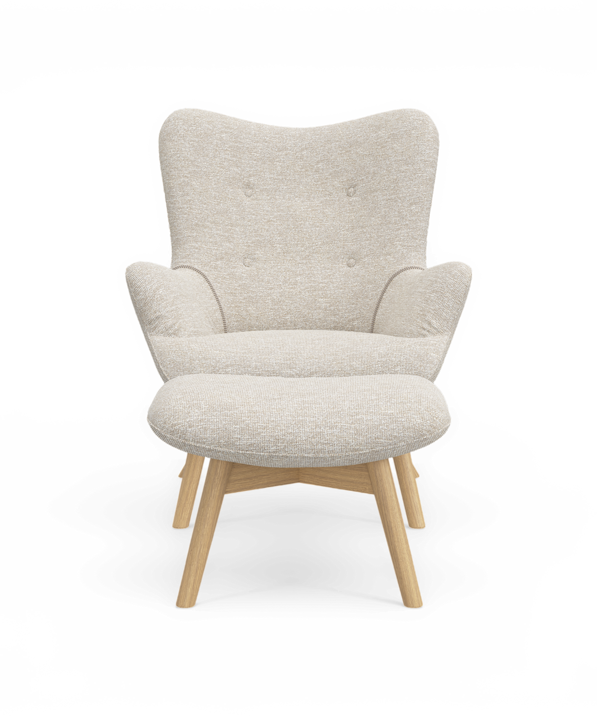 Beige lænestol med blød polstring og lyse træben, set forfra.
