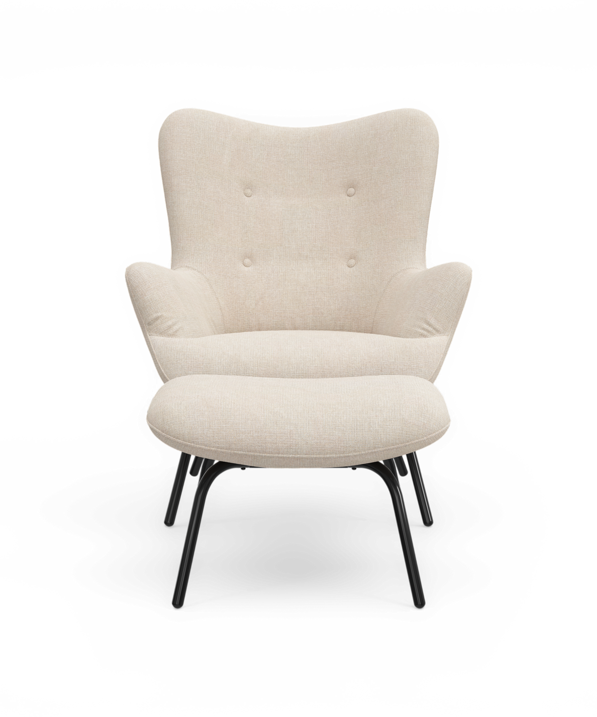 Beige loungestol med rund ryg og sorte ben på hvid baggrund.