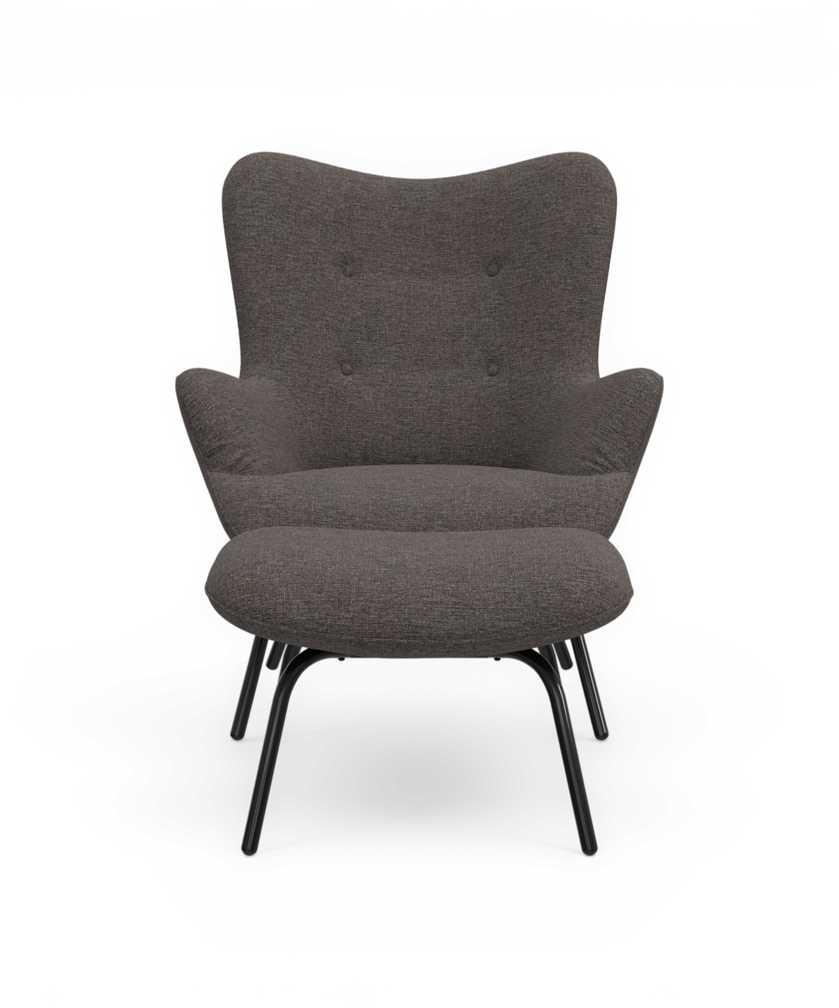 Mørkegrå loungestol med knapsyet ryg og sorte metalben, set direkte forfra.