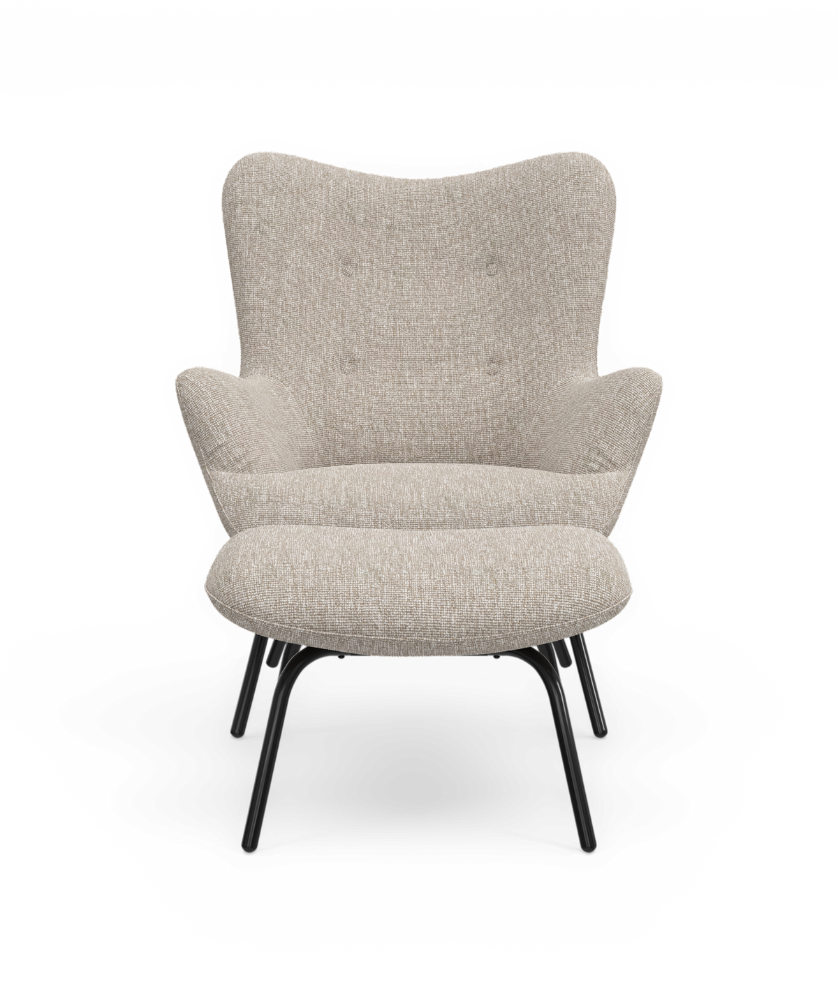 Beige loungestol med blødt, afrundet sæde og ryg samt sorte ben, set forfra på frilagt baggrund.