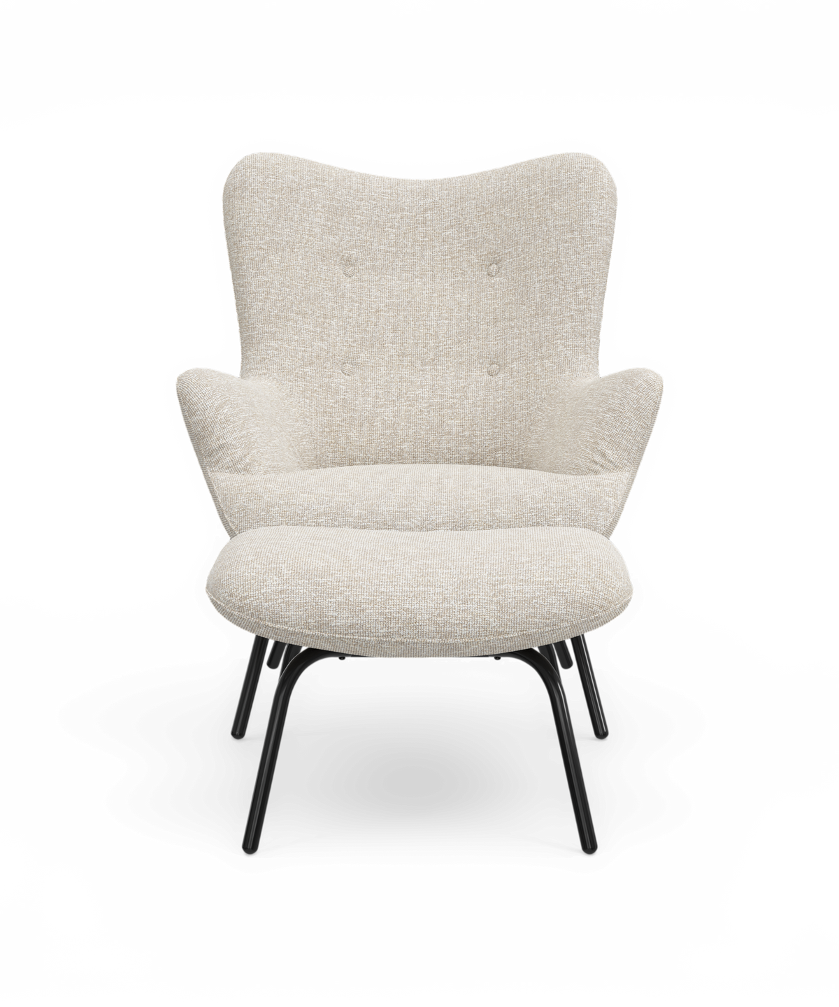 Lys beige loungestol med rundt sæde, knapper i ryggen og sorte metalben, fotograferet forfra.