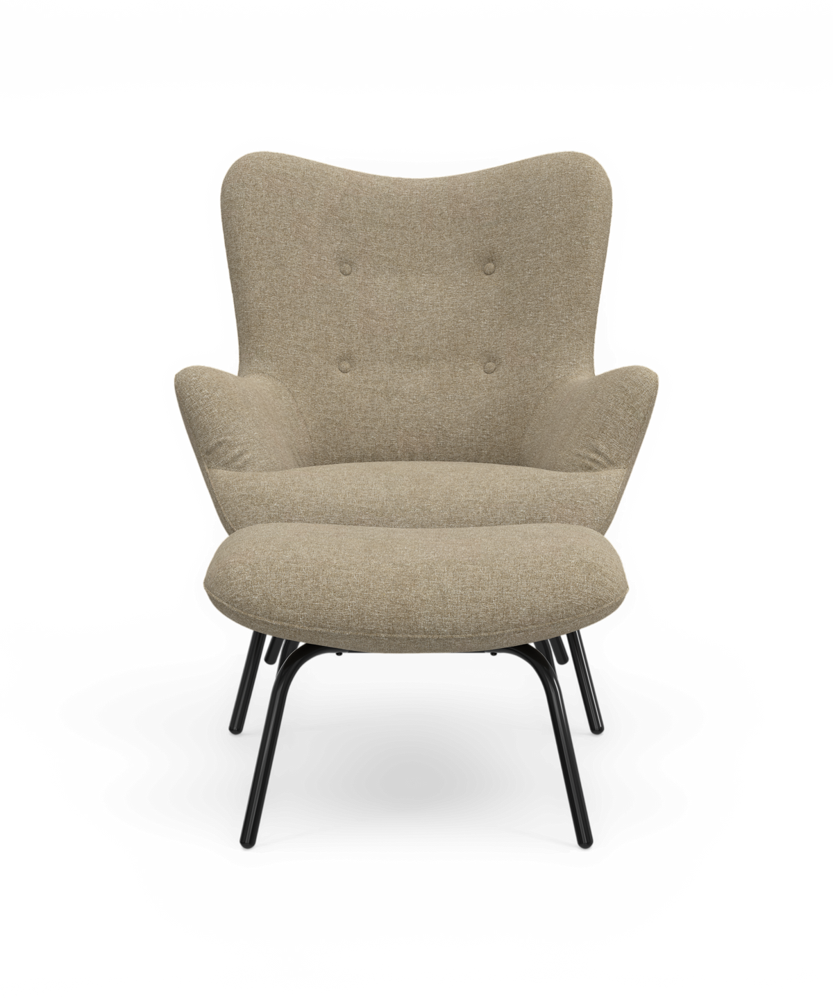 Beige loungestol med afrundede former, knapper i ryggen og sorte metalben.