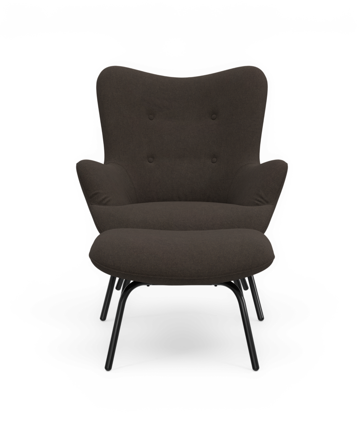 Brun loungestol med vinget ryglæn og knapper, sorte metalben, fritlagt frontvisning.