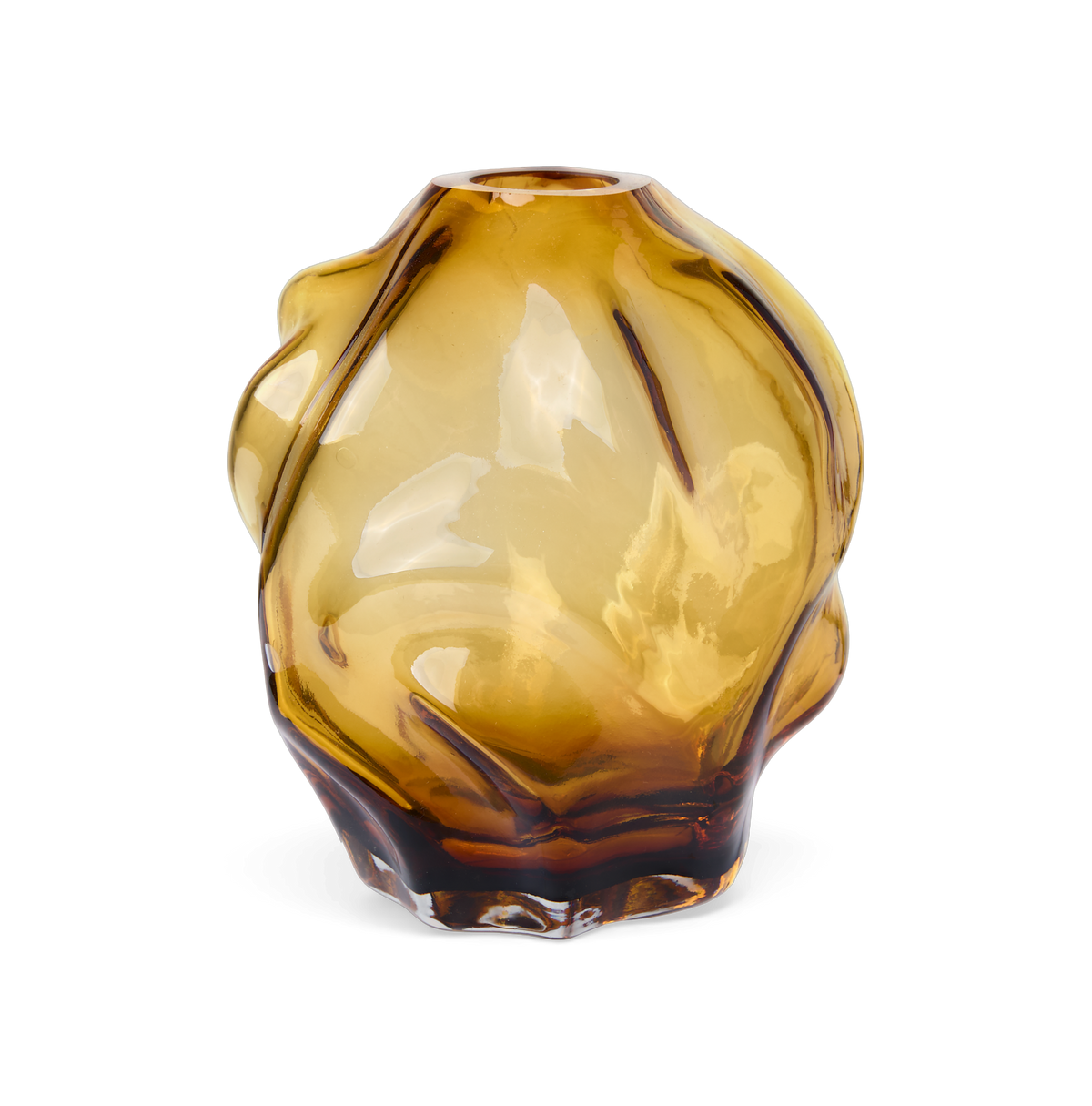 Ravfarvet glasvase med organisk, skulpturel form og marmorerede swirl-mønstre.