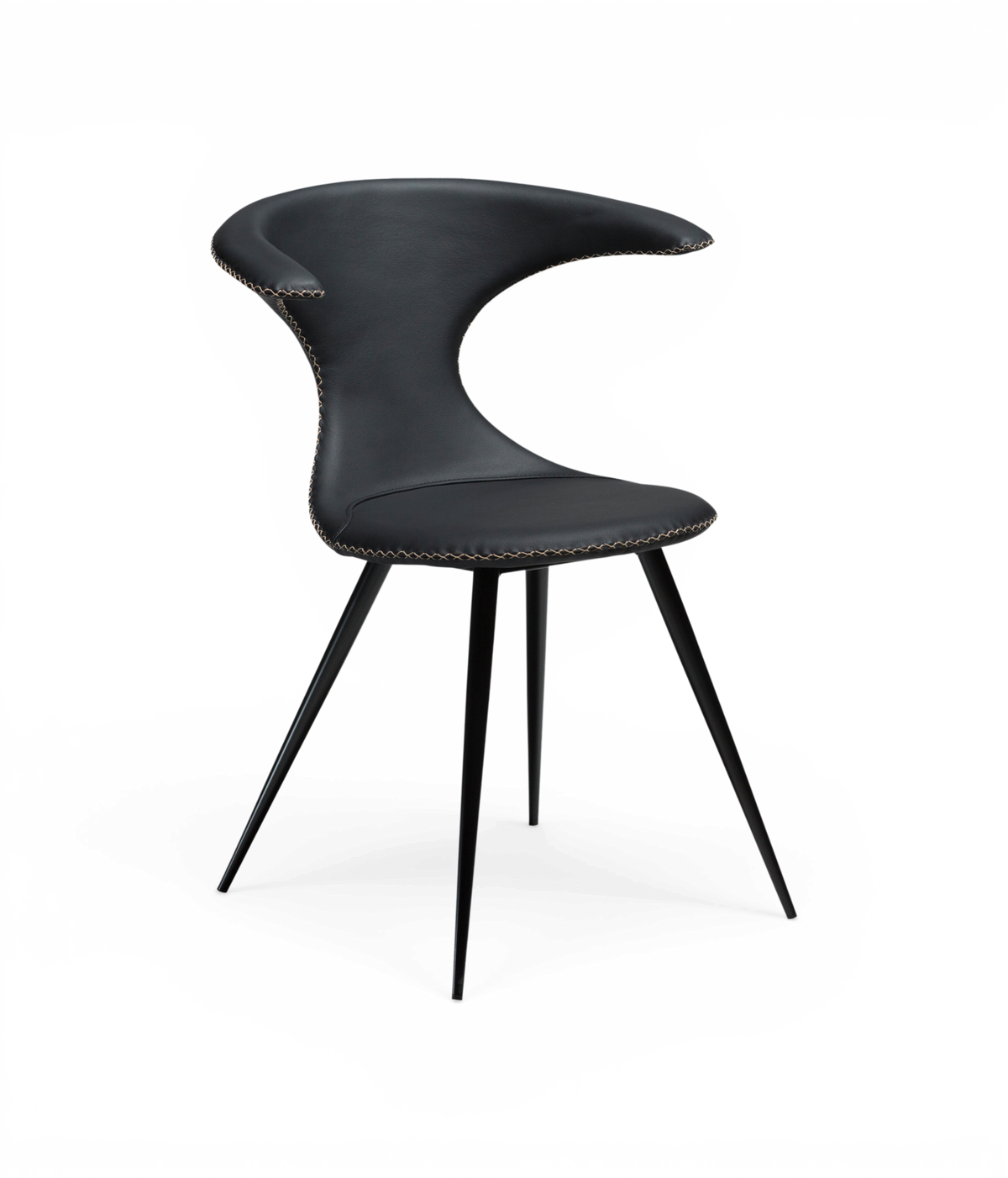 Sort moderne stol med buet ryglæn og kontrastsyninger på slanke metalben.