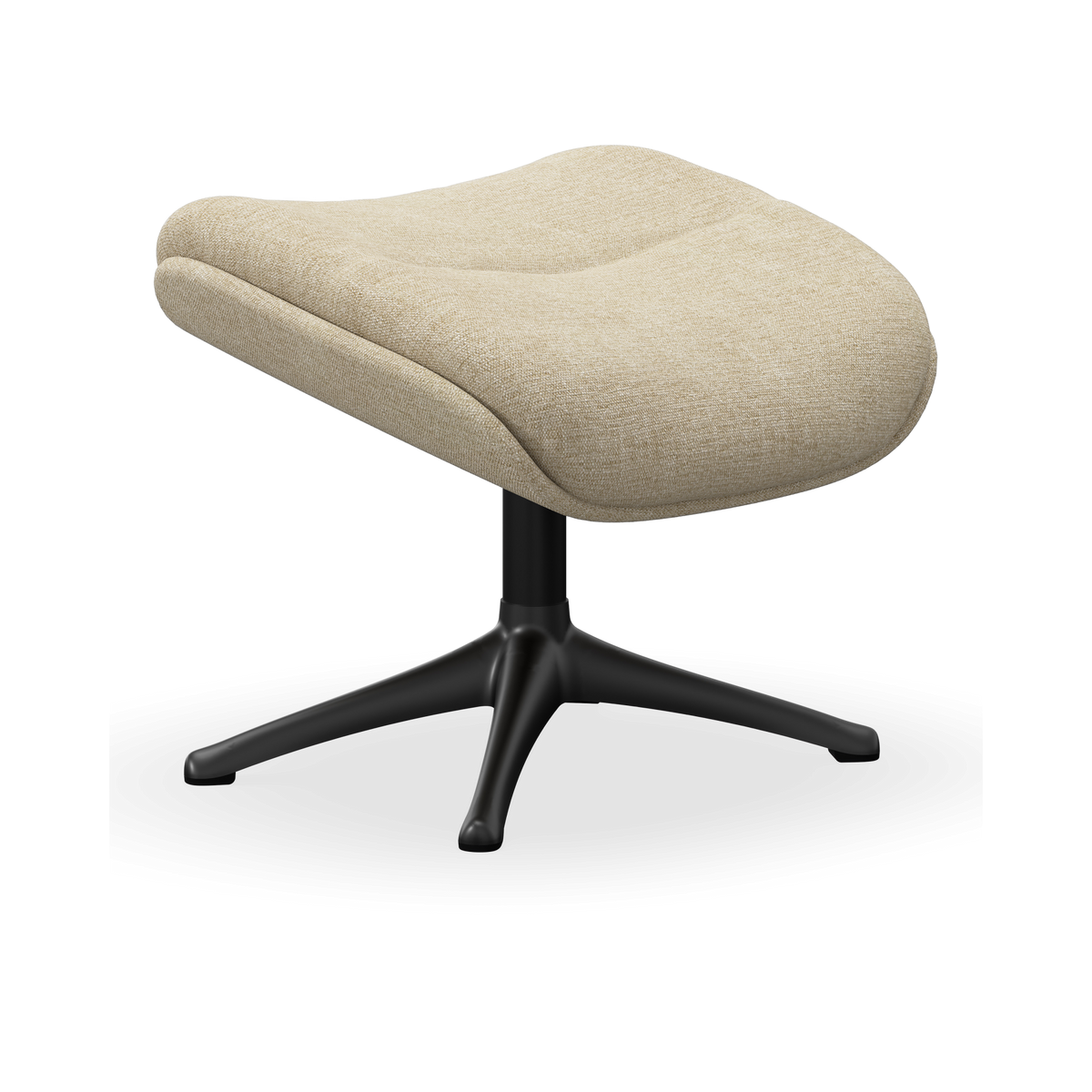 Beige fodskammel med blød polstret top og sort firbenet drejefod på hvid baggrund.