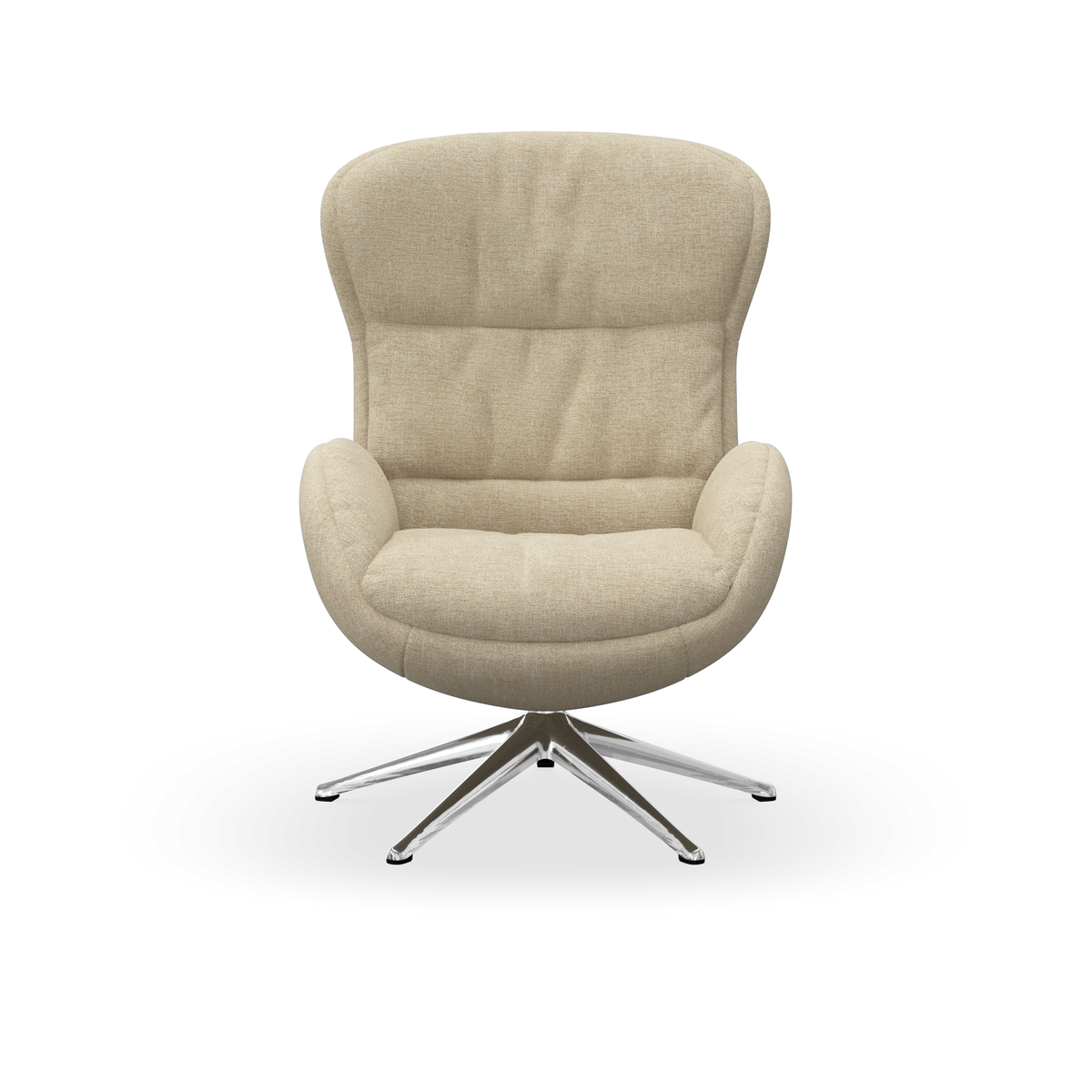 Beige loungestol med høj ryg og metal-sokkel med drejefod, frilagt mod hvid baggrund.