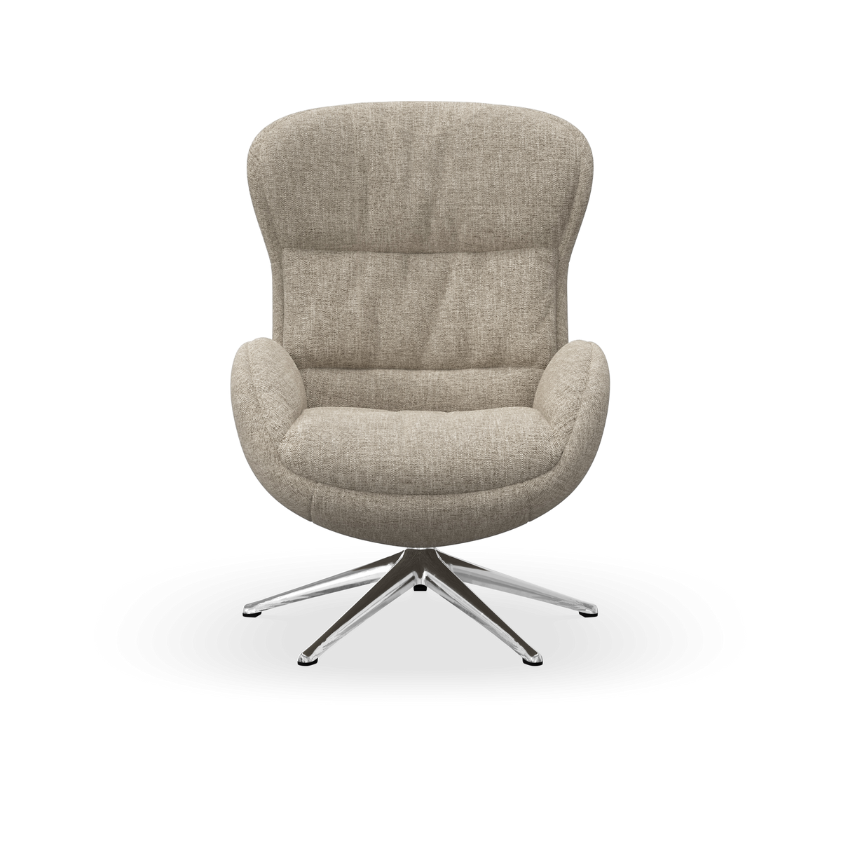Beigefarvet drejestol med polstret sæde og ryglæn på krydsformet metalfod, set forfra.