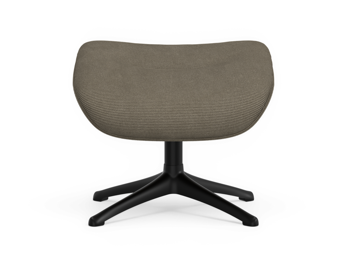 Moderne fodskammel med rillet beige betræk og sort firestjernet fod, frontvisning.