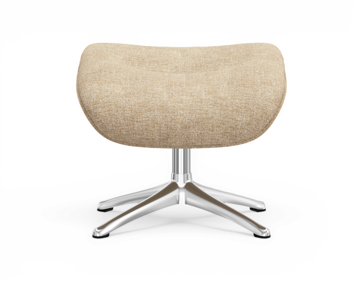 Beige fodskammel i stof med krom firestjernet base, frontvisning på hvid baggrund.