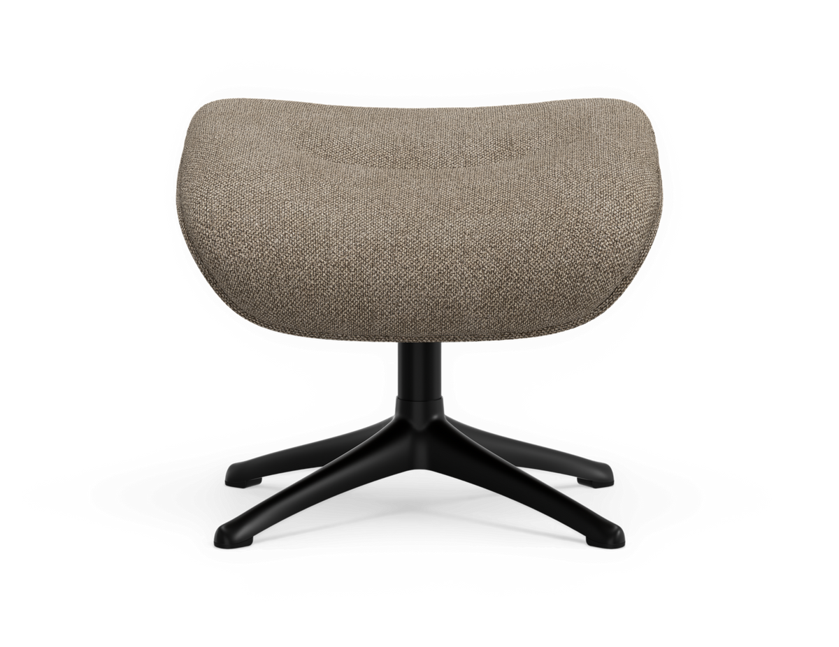 Beige fodskammel i stof med sort firestjernet drejefod, frilagt produktfoto set forfra.