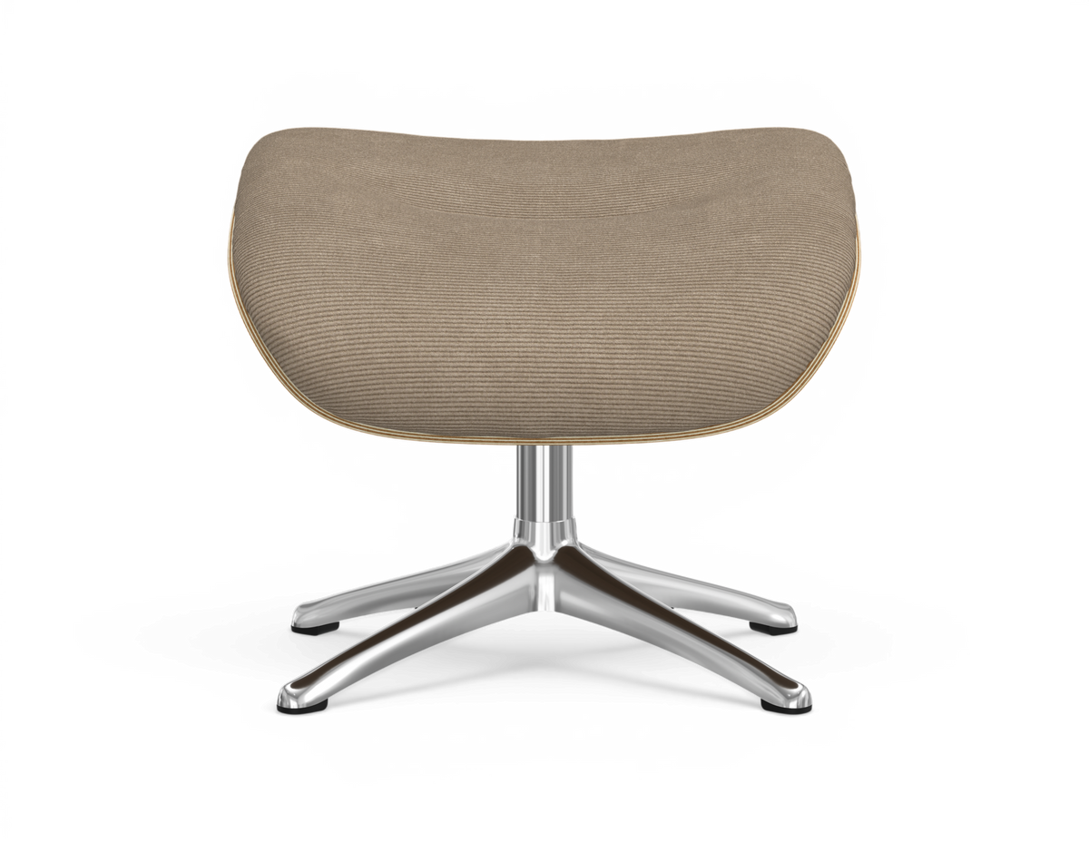 Beige skammel/fodhviler med rillet betræk og forkromet firestjernet base på hvid baggrund.