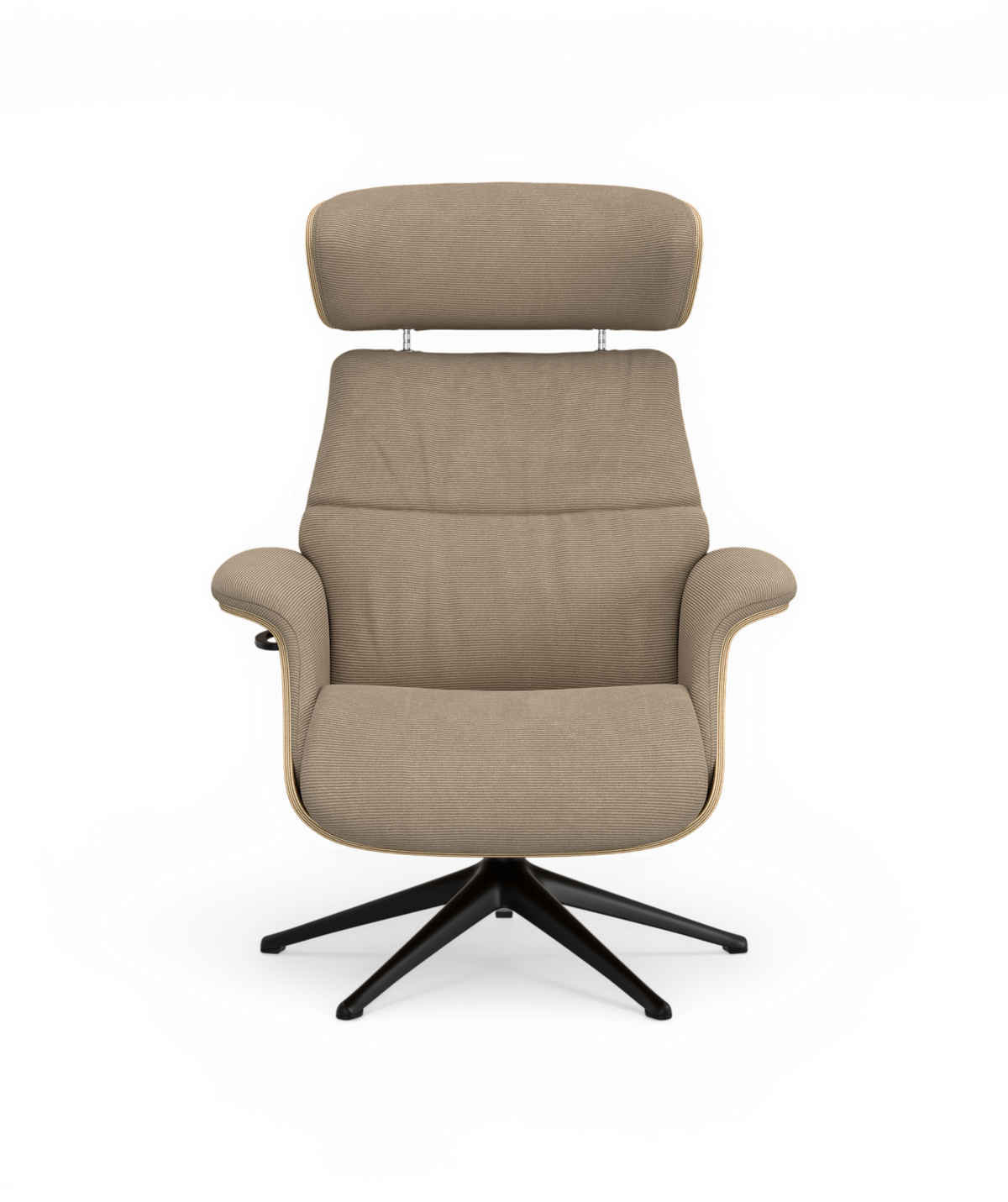 Beige loungestol med justerbar nakkestøtte og sort femtakket drejefod, frontvisning på frilagt baggrund.