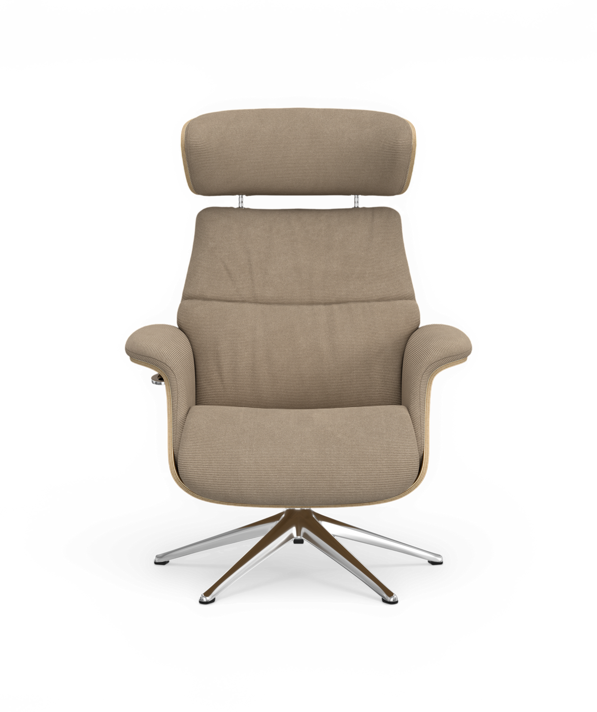Beige lænestol med justerbar nakkestøtte og drejelig metalfod, frontvisning.