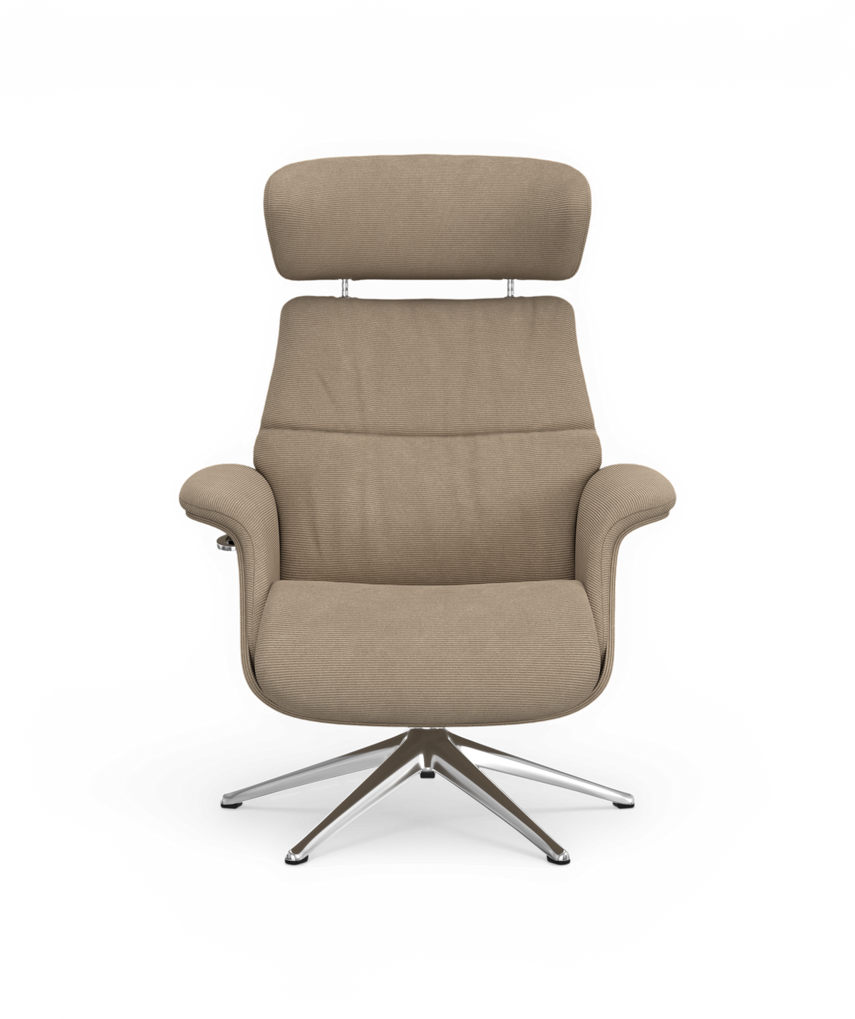 Beige polstret drejestol med nakkestøtte og metal stjernefod, frontvisning.