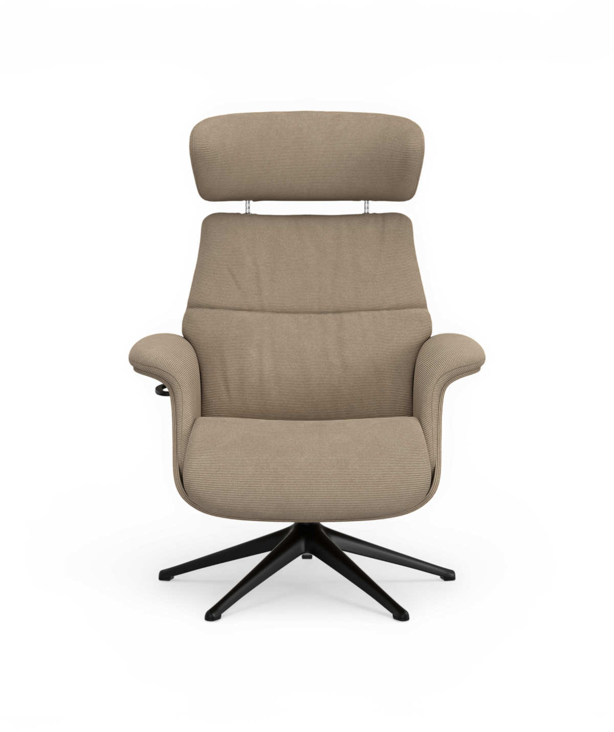 Forfra af beige loungestol med nakkestøtte og sort drejefod.