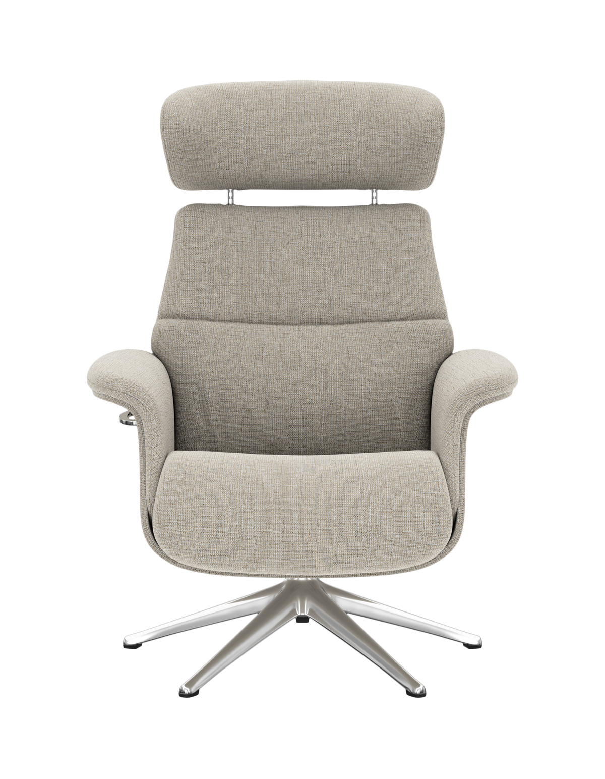 Beige lænestol med justerbar nakkestøtte og metal-krydsfod, frontvisning.