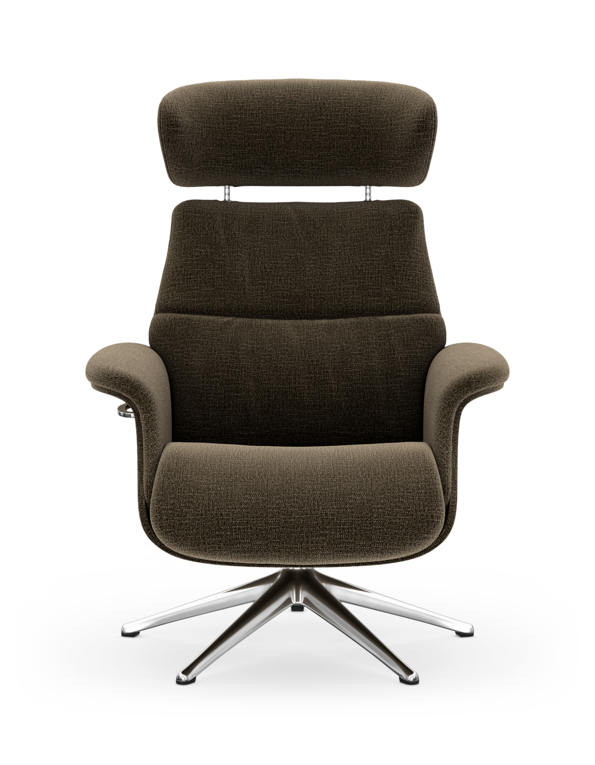 Brun polstret loungestol med nakkestøtte og krom swivel-fod, frilagt på hvid baggrund.