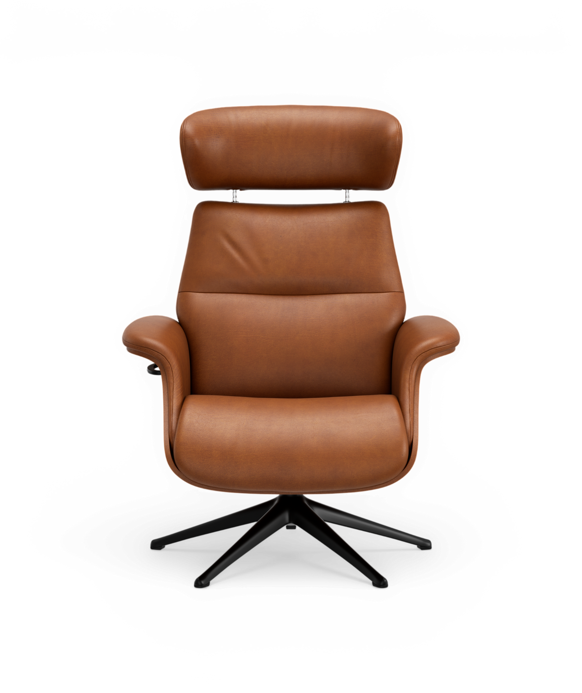Brun læderlænestol med justerbar nakkestøtte og sort drejefod, frontvisning, frilagt.