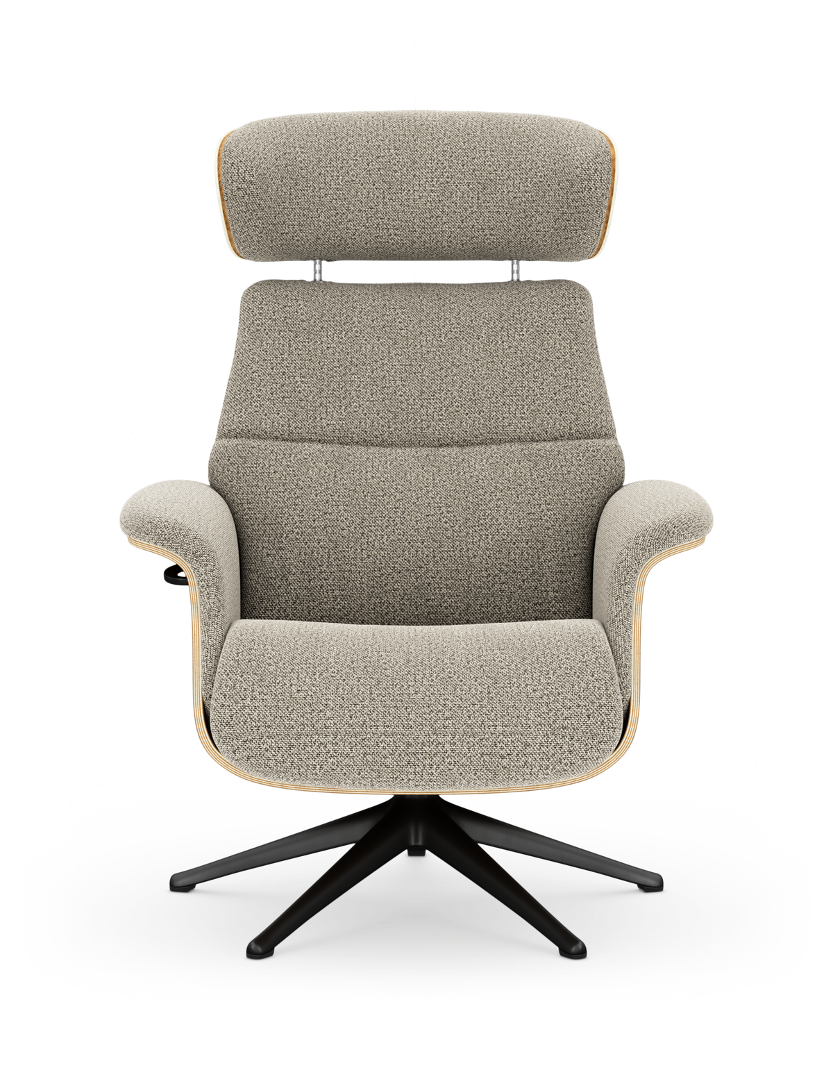 Moderne loungestol set forfra i lysegrå/beige stof med justerbar nakkestøtte, trækantdetalje og sort drejefod på hvid studiobaggrund.
