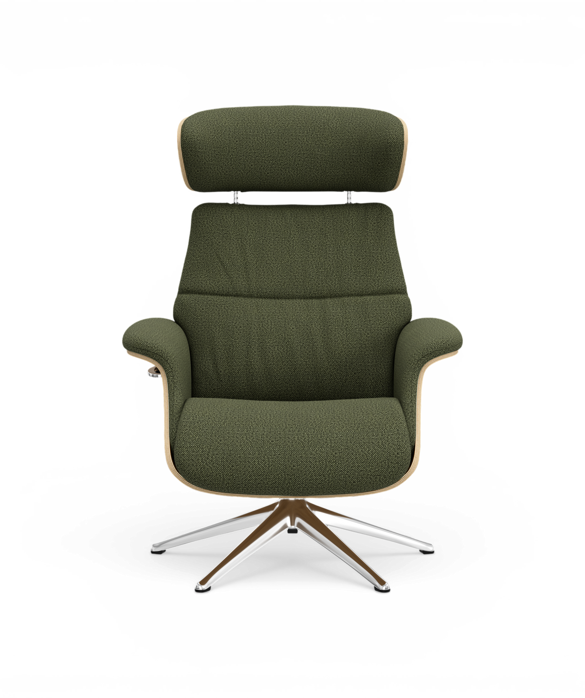 Olivgrøn polstret loungestol med nakkestøtte og drejelig metal-krydsfod, frilagt mod hvid baggrund.
