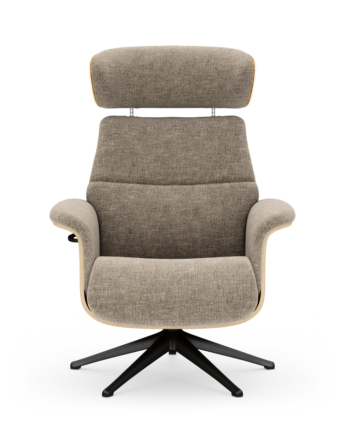 Moderne loungestol set forfra med høj ryg og nakkestøtte i beige stof på sort drejefod med stjernebase.