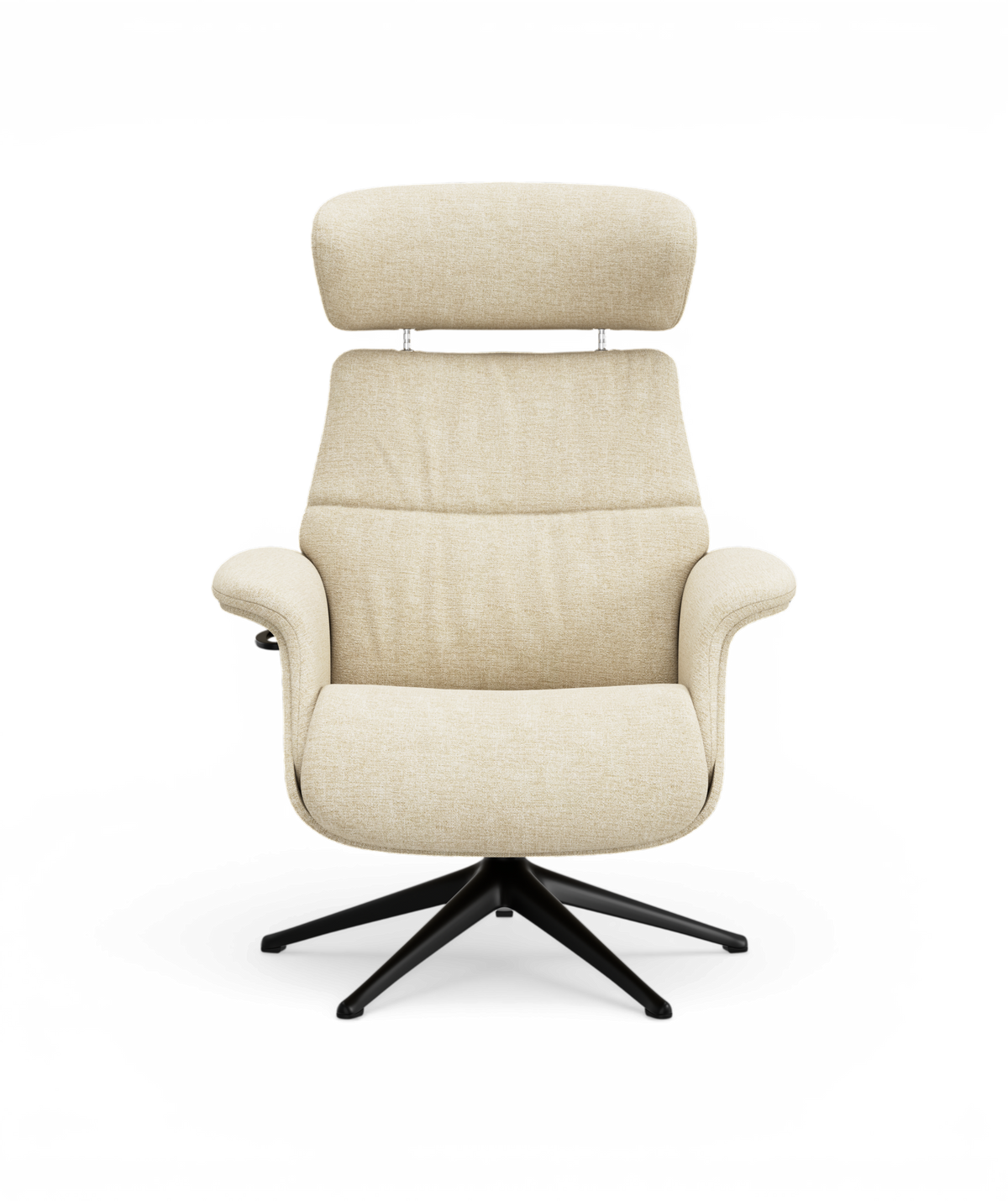 Beige lænestol med høj ryg og justerbar nakkestøtte på sort drejebase, set forfra.