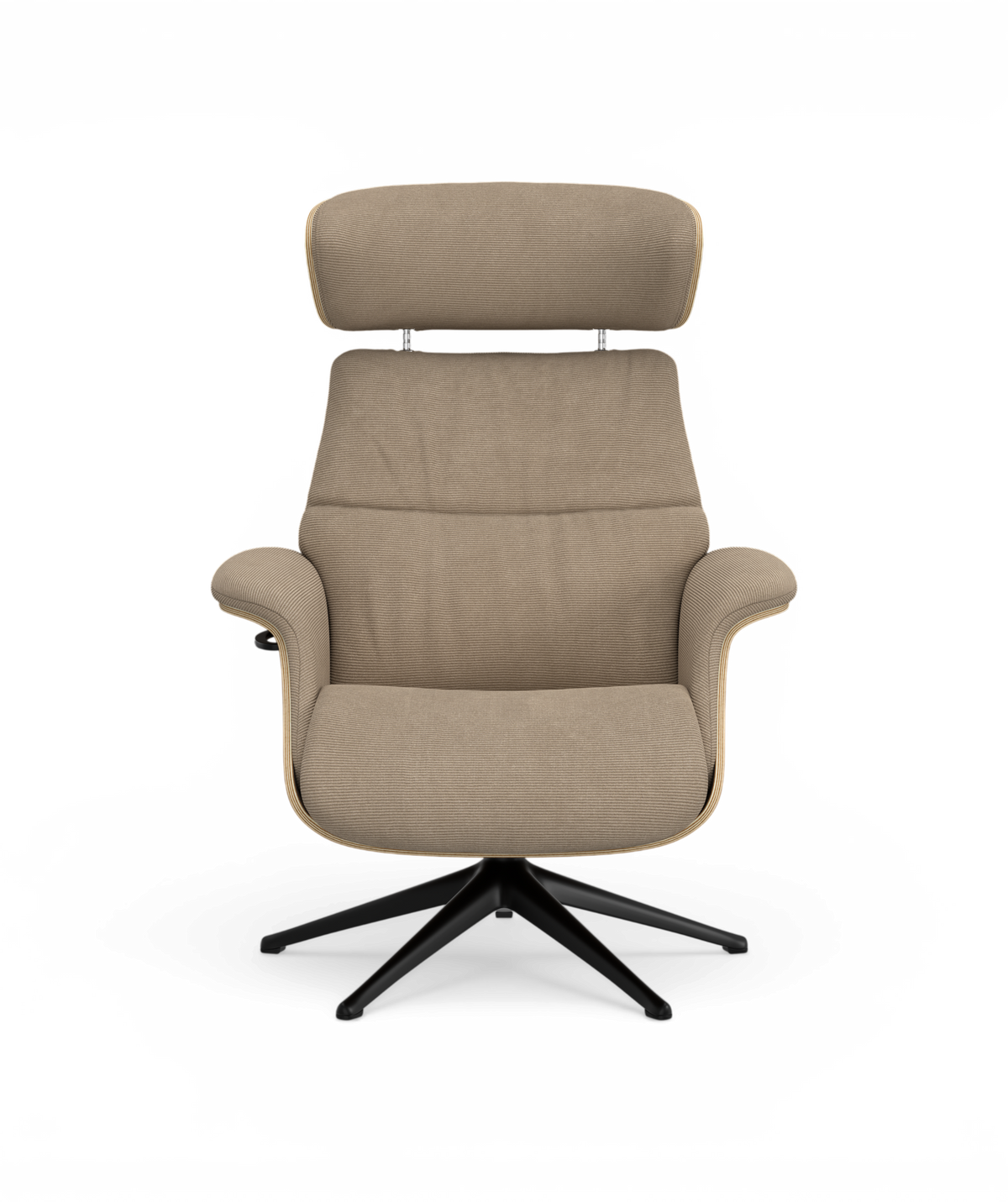 Beige drejestol med nakkestøtte og sort stjernefod, set forfra.