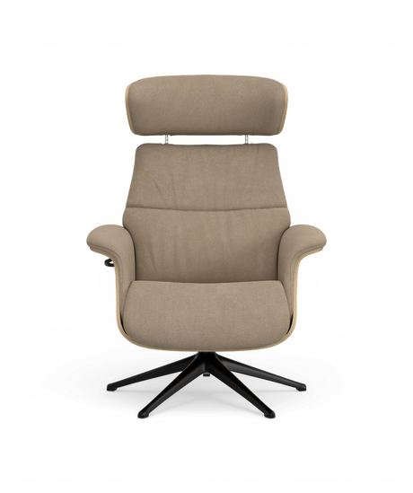 Beige drejestol med nakkestøtte og sort stjernefod, set forfra.