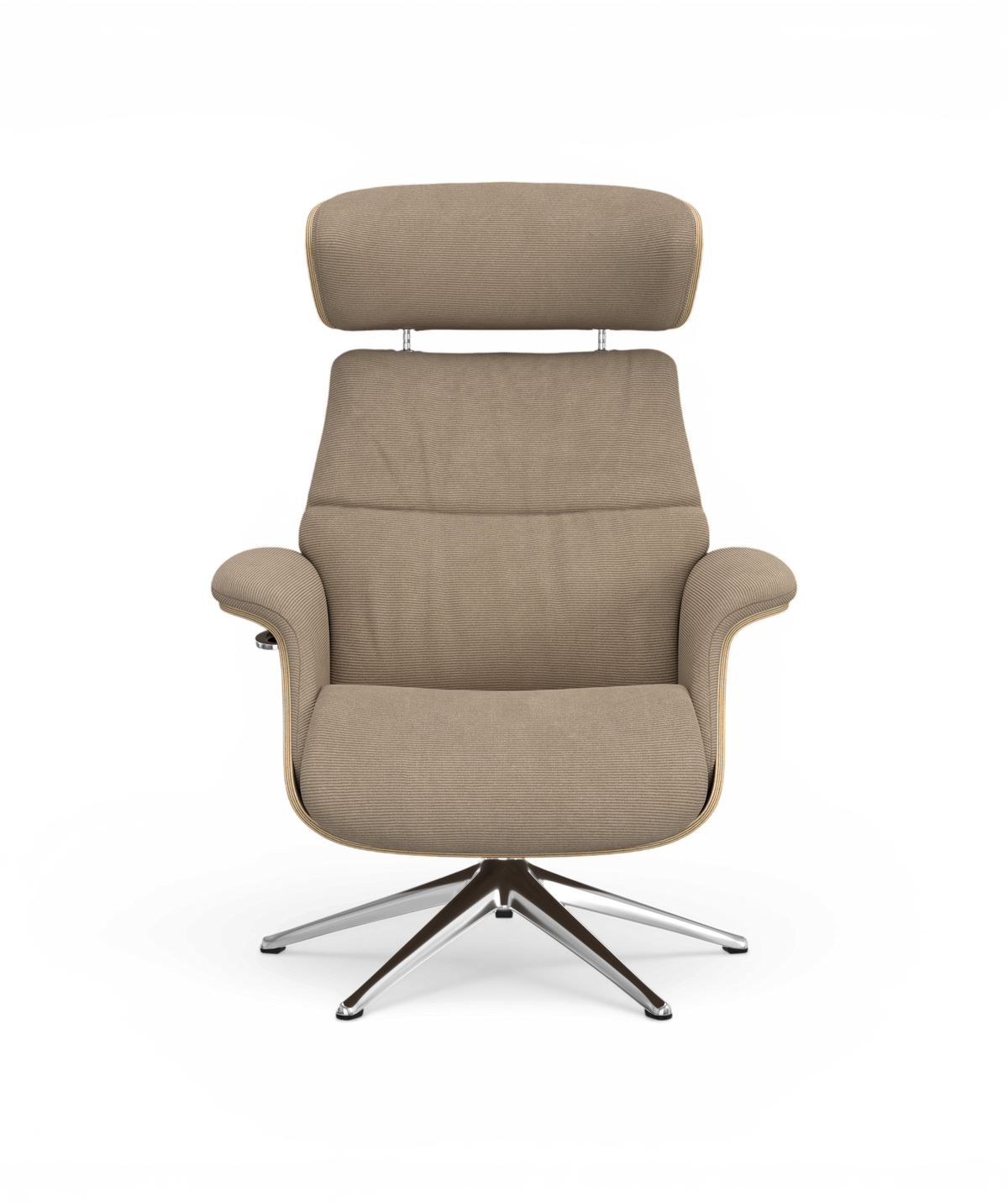 Beige polstret loungestol med nakkestøtte og drejelig metalstjernefod, frontvisning.