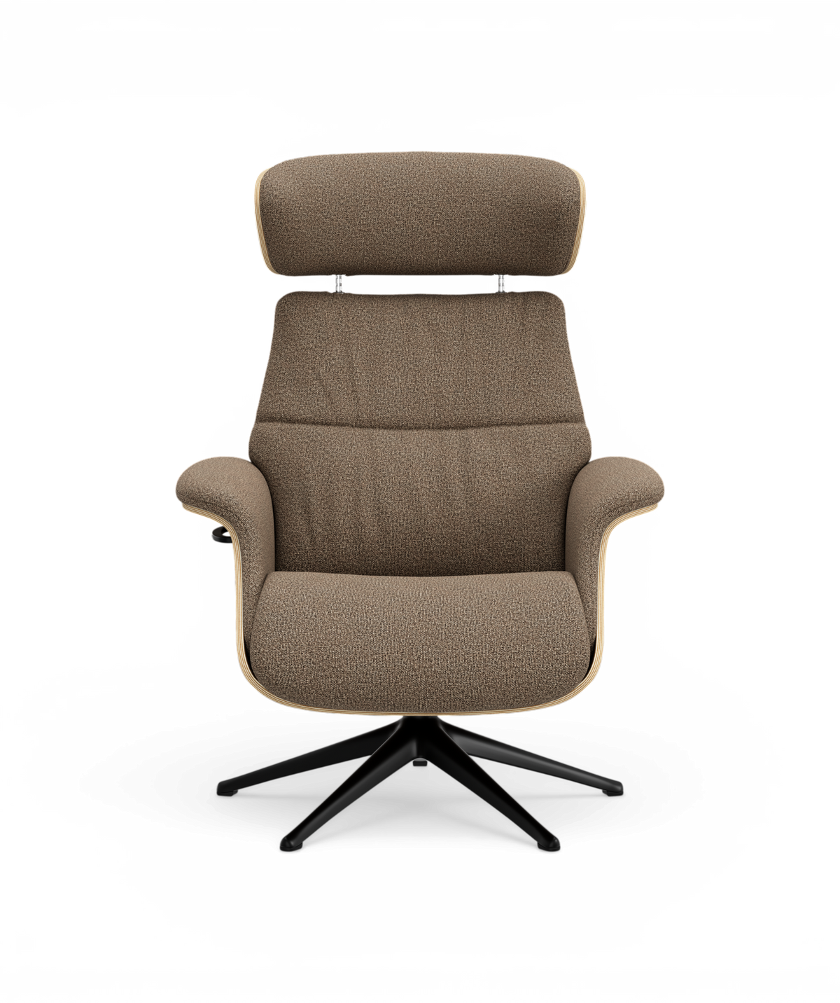 Brun loungestol med justerbar nakkestøtte og sort drejefod, frontvisning.