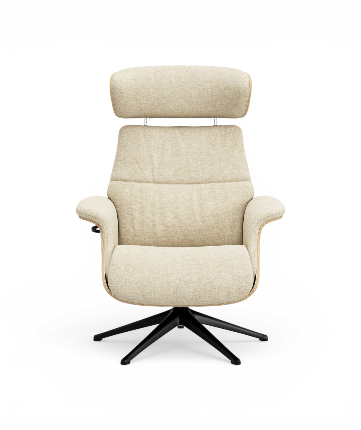 Beige lænestol med høj ryg og nakkestøtte på sort drejefod, set forfra.