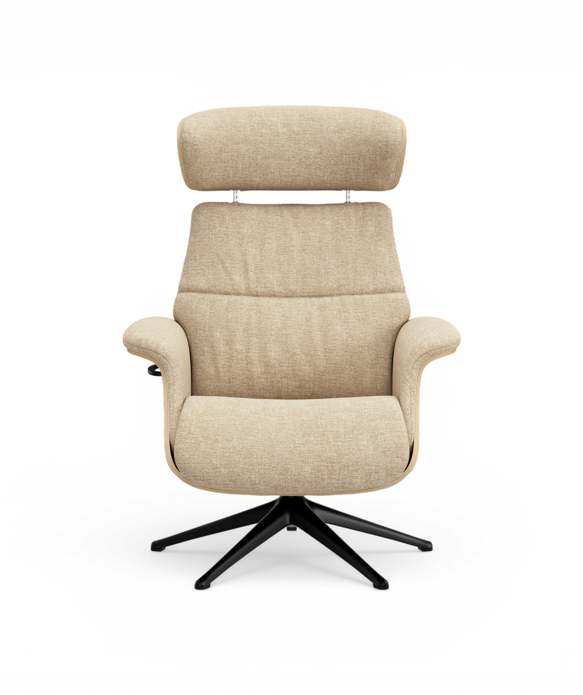 Beige polstret lænestol med nakkestøtte og drejebart sort stjerneunderstel, frontvisning på hvid baggrund.