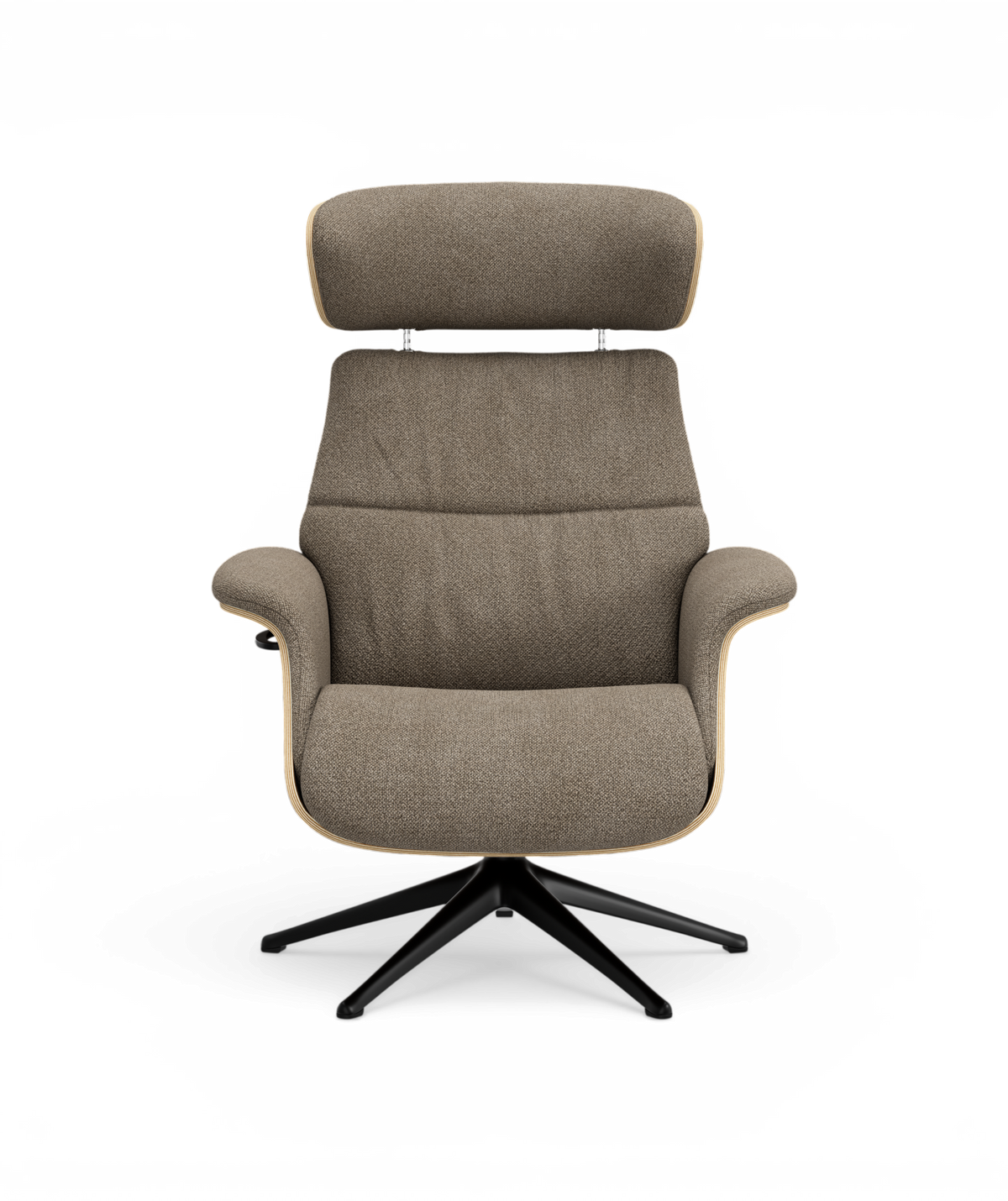 Moderne loungestol i beige/taupe stof med justerbar nakkestøtte og sort drejefod, fotograferet direkte forfra.
