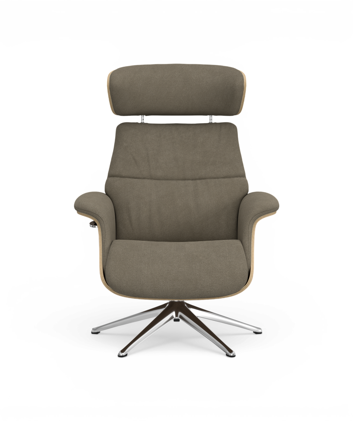 Moderne lænestol med justerbar nakkestøtte og metal-drejefod, set forfra.