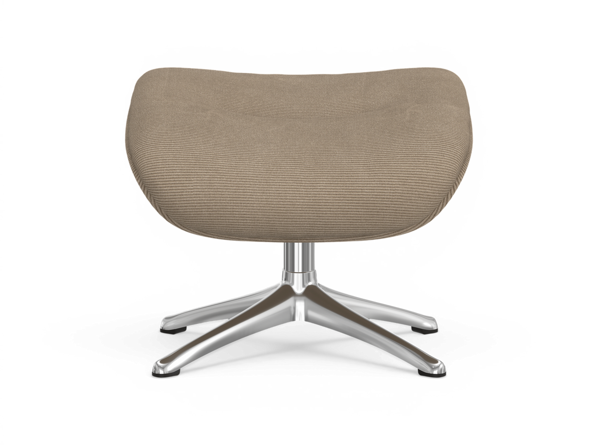 Beige fodskammel i stof med forkromet firestjernet fod, frilagt frontvisning.