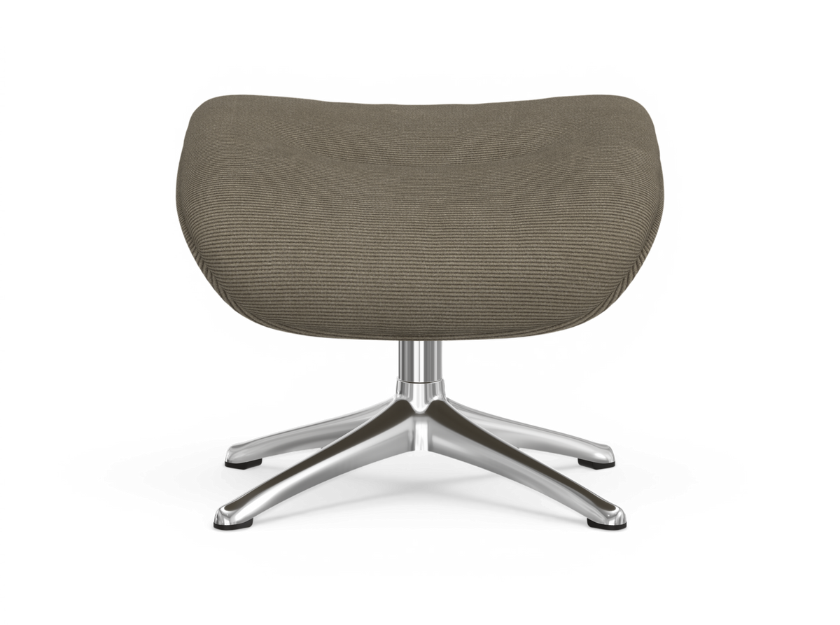 Moderne fodskammel i taupe stof med firestjernet kromfod, frontvisning.