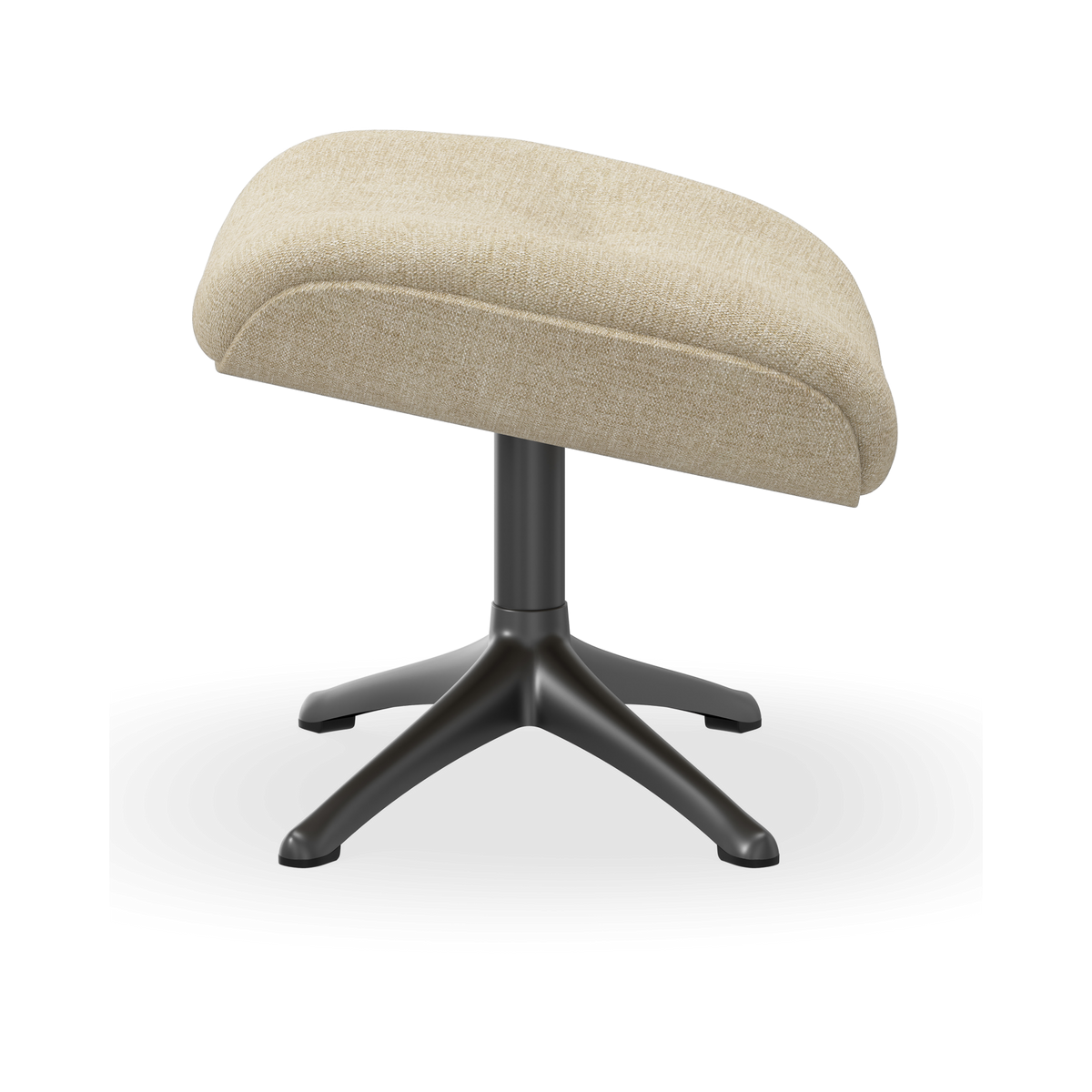 Beige fodskammel i stof med sort firebenet base.